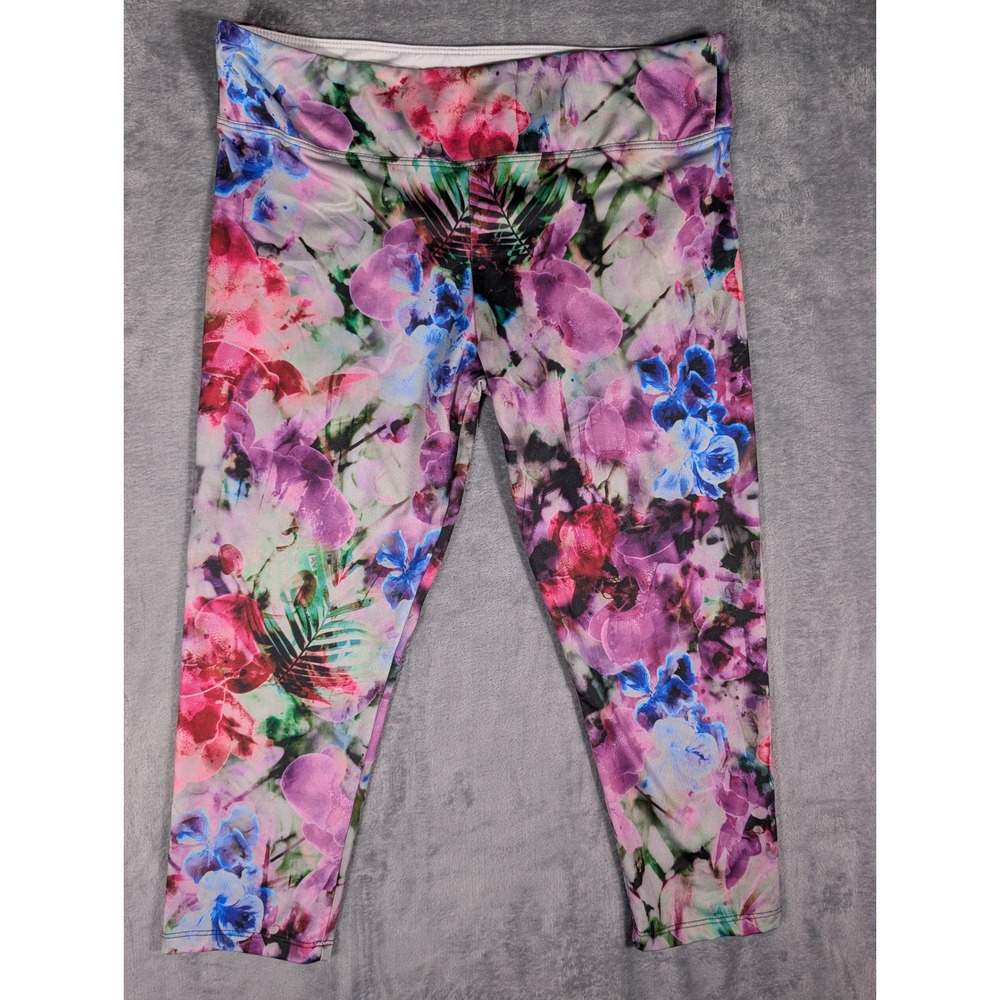 Pure Karma Womens Floral Tropical Print Cropped Leggings Capri Pink Purple Large
